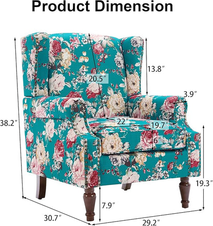 Pia Ricco Set of 2 Floral Accent Chairs, High Back Upholstered Armchairs with Retro Wingback Design, Nailhead Trim & Solid Wood Legs for Living Room Bedroom(Peacock Blue)