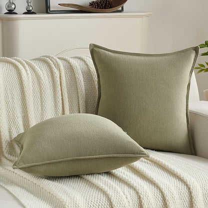 FUTEI Olive Green Chenille Throw Pillow Covers 16x16 Inch Set of 2,Edges Double-Stitched Cushion Cases,Modern Home Decor for Couch Living Room
