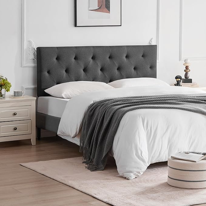 Linen Fabric Upholstered Headboard Queen Size, Modern Diamond Tufting Solid Wood Queen Headboard Only,Adjustable Height from 37” to 51” Head Board, Bed Frame or Wall Mount Headboards, Dark Grey