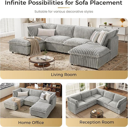 KKL Modular Sectional Couch for Living Room, V Shaped Corduroy Couches with Corner Seat, 5 Seater Oversized Sofa Convertible to Sleeper, Soft Fabric Modern Sofa, Grey