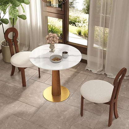 Sintered Stone Office Table and Chair Set - 33.5" Round Table for Small Offices (Light Brown Leg and White Top, 1 Table and 2 Chairs)