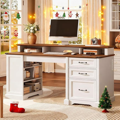 55'' Farmhouse Executive Desk with Drawers, Computer Desk with File Cabinet and Side Bookshelf, Writing Gaming Desk with Monitor Stand & Charging Station, White and Walnut