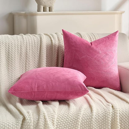 FUTEI Hot Pink Velvet Throw Pillow Covers 20x20 Inch Set of 2,Soft Embossed Leaf-Relief Textured Cushion Cases,Natural Home Decor for Couch Living Room