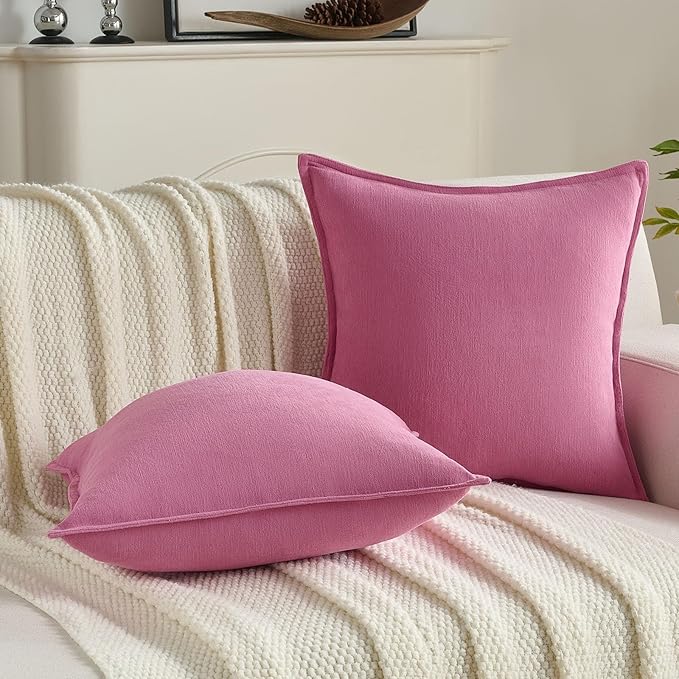 FUTEI Hot Pink Chenille Throw Pillow Covers 12x20 Inch Set of 2,Edges Double-Stitched Lumbar Pillow Cases,Modern Home Decor for Couch Living Room