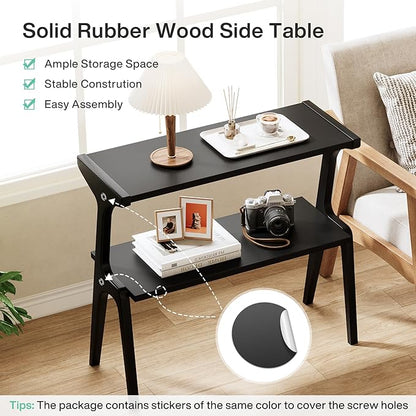 Tribesigns Solid Wood End Table, 2-Tier Modern Slim Couch Side Table with Storage Shelves, Tall Sofa Side Table with Cute Deer-Shaped Legs for Living Room, Skinny Bedside Nightstand for Bedroom, Black
