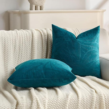 FUTEI Teal Velvet Throw Pillow Covers 22x22 Inch Set of 2,Soft Embossed Leaf-Relief Textured Cushion Cases,Natural Home Decor for Couch Living Room