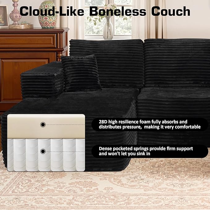 Weaxty Boneless Sectional Couch, U Shaped Modular Cloud Couches with Chaise, Plush Corduroy Memory Foam Deep Seat Floor Sofa, No Assembly Required，Black