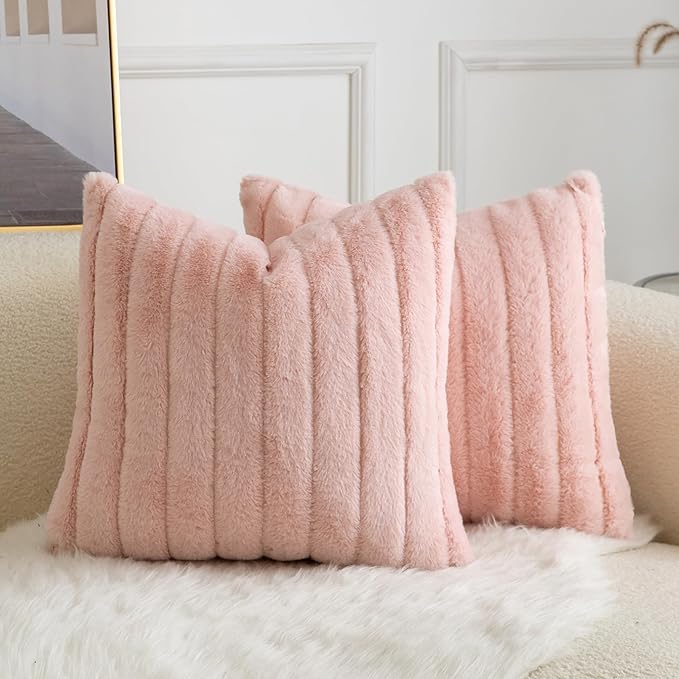 Pack of 2 Faux Fur Throw Pillow Covers 18x18 Inch Striped Decorative Soft Plush Couch Pillow Case Home Decor for Bed, Sofa, Living Room Pink