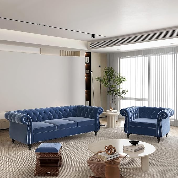 Chesterfield 3 Seater Sofa, Modern Velvet Tufted Couch 3 Seater with Rolled Arms and Nailhead Mid-Century Upholstered Couch for Living Room, Bedroom, Apartment and Office, Blue