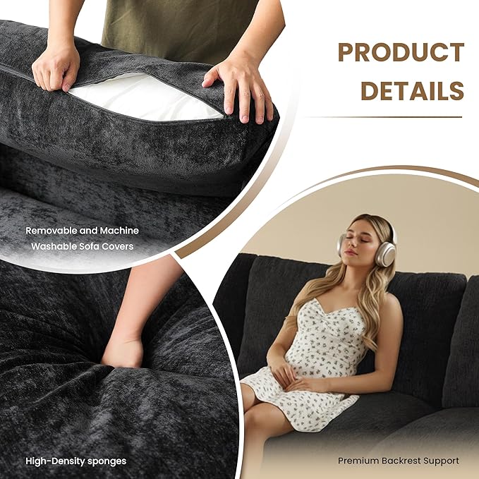 WJShome 100 Inch U Shaped Modern Sofa Modular Sectional Cloud Couch with 2 Ottoman, 4-Seat Chenille Deep Seat Couches for Living Room, Bedroom and Apartment，Black
