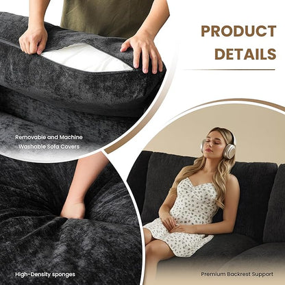 WJShome 100 Inch U Shaped Modern Sofa Modular Sectional Cloud Couch with 2 Ottoman, 4-Seat Chenille Deep Seat Couches for Living Room, Bedroom and Apartment，Black