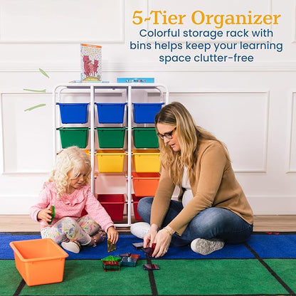 ECR4Kids 5-Tier Storage Rack with 15 Cubby Bins 5x3, Multipurpose Organization, Assorted