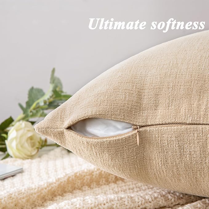 GAWAMAY Decorative Square Throw Pillow Covers 18"x18" Inch Set of 2, Super Soft Chenille Pillows Farmhouse Fall Pillowcase for Living Room Bedroom Sofa Couch Cushion Cover Beige 45x45cm (No Insert)