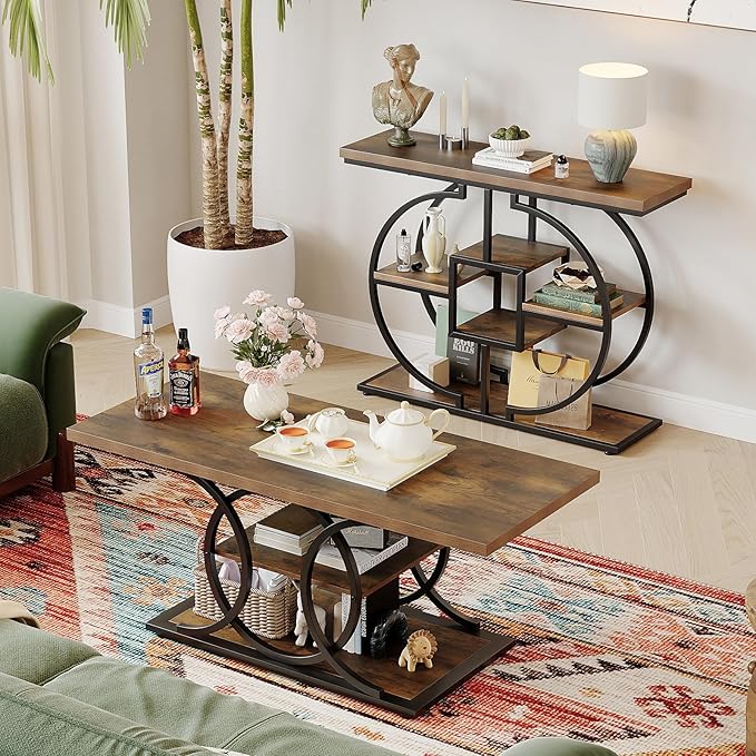 GiftGo Narrow Console Table for Entryway Industrial 4-Tier Sofa Table Behind Couch with Circle Base Rustic Wooden Accent Tables with Storage Shelves for Living Room, Hallway, Foyer (Brown)