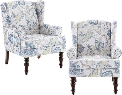 HUIMO Living Room Chair Upholstered High Back Armchair Retro Printed Wingback Chair in Linen for Bedroom & Study Comfy Accent Sofa Chair Reading Chair Holds 300lbs (Navy Blue) (2, Blue Floral-2PCS)