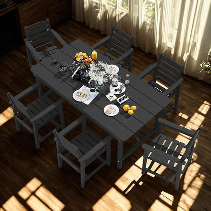 7 Piece Patio Dining Set with 11ft Patio Umbrella (Black), 7 Black Outdoor HDPE Dining Set with 6 Chairs + 1 Large Table with 2" Umbrella Hole, for Market, Pool, Garden, Backyard, Deck