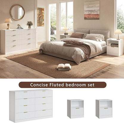 3-Piece Modern Bedroom Furniture Set, Wide 8-Drawer Dresser & 1-Drawer Nightstands Set of 2, Natural Wood Dresser and Nightstand Sets for Bedroom, Hallway, White