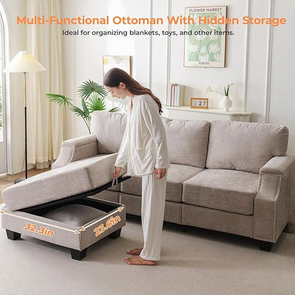 85'' L Shaped Couch with Armrest Organizer,Comfy 3 Seats Sofa with Storage Ottoman,Chenille Sectional Couches for Living Room,Bedroom,Apartment,Sofa Set with Oversized Chair,Khaki