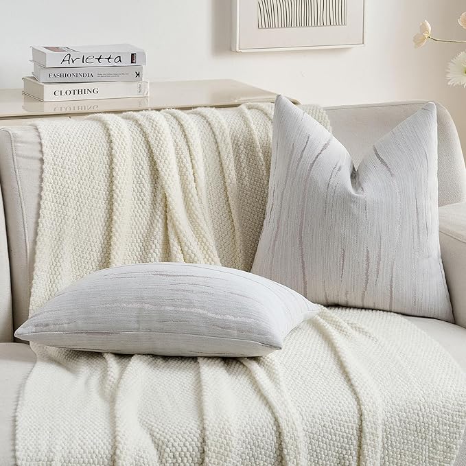 FUTEI Grey Chenille Decorative Throw Pillow Covers 18x18 Inch Set of 2,Soft Embossed Striped Textured Cushion Case,Modern Home Decor for Couch Bed Living Room