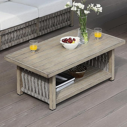 Outdoor Coffee Table, Aluminum Rope Weave Patio Coffee Table, Weatherproof Outside 2-Tier Rectangle Outdoor Patio Furniture for Garden, Pool, Outside, Decks, Gray Oak