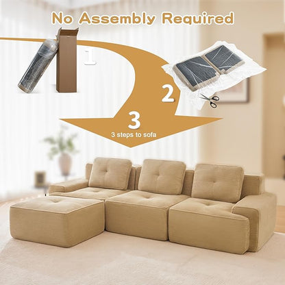 115.3” Camel Boneless Couches for Living Room, Modular Sectional Sofa with L-Shape Chaise, 3 Seater Comfy Upholstered Deep Seat Corduroy Fabric Cloud Couch No Assembly, Anti-Slip Design