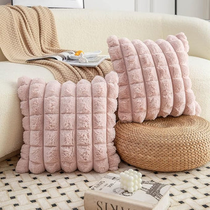 Neelvin Pink Faux Fur Cozy Soft Plaid Decorative Throw Pillow Covers 24x24 inch Set of 2,Velvet Pillowcase Cushion Case for Sofa Couch
