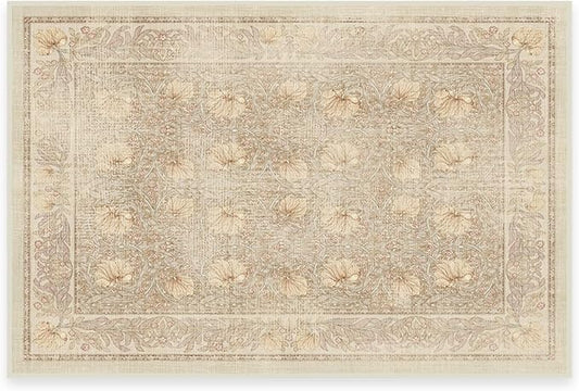 RUGGABLE x Morris & Co Washable Area Rug– Pimpernel Vintage Stone 2x3, Stain-Resistant, Non-Slip – Small Machine Washable Rugs for Living Room, Bedroom, Hallway, Entryway & Bathroom–with Standard Pad
