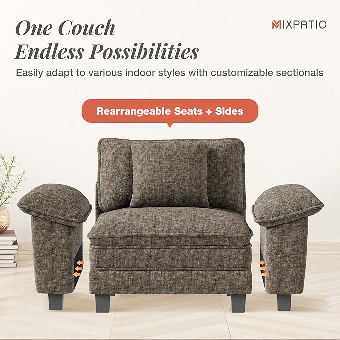 U-Shaped Cloud Modular Sofa Set, Deep Seat 3-Piece 6-Seater Sectional Couch & Removable Arms, Plush Chenille for Living Room - Smoky Gray