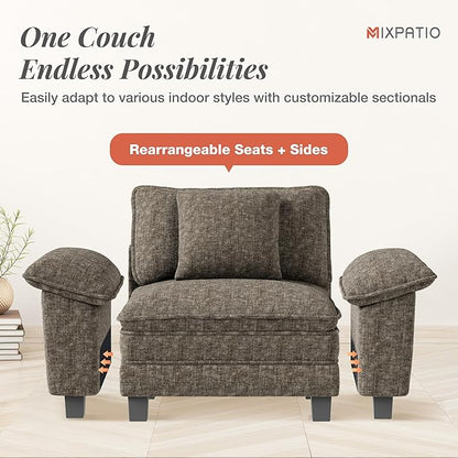 U-Shaped Cloud Modular Sofa Set, Deep Seat 3-Piece 6-Seater Sectional Couch & Removable Arms, Plush Chenille for Living Room - Smoky Gray