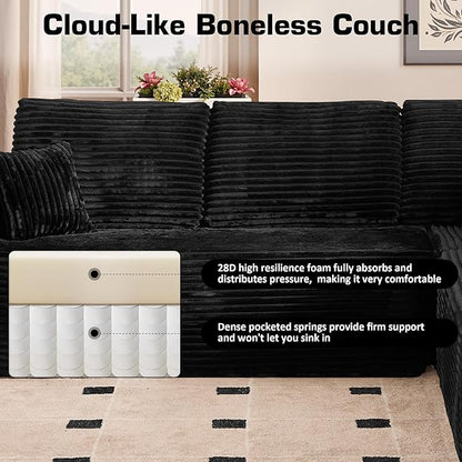 Weaxty Boneless Sectional Couch, Oversized L Shaped Modular Cloud Couches, Plush Corduroy Memory Foam Deep Seat Floor Sofa, No Assembly Required，Black