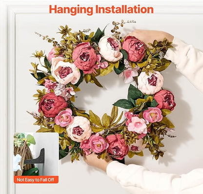 VEVOR Spring Wreath for Front Door 19 Inch - Artificial Peony Floral Wreath with Greenery, Year-Round All Season Outdoor Indoor Decor