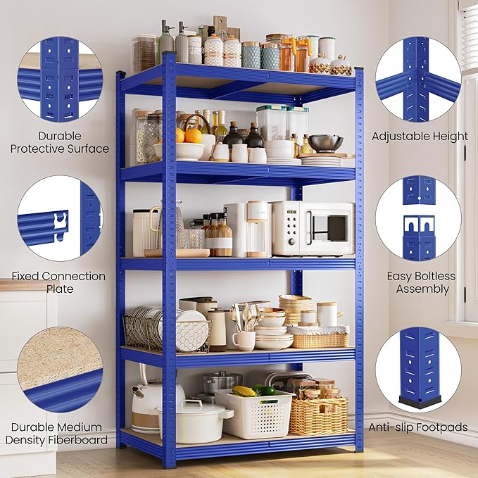 Yaheetech Standing Shelf Units, 5 Tier Storage Shelf, Heavy Duty Shelving, Adjustable Garage Shelves, Utility Rack Shelf Unit, Basement Warehouse Shed, 35.5″L × 16″W × 71″H - Blue