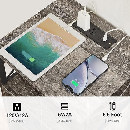 VECELO Misty Gray End Table with USB Ports and Outlets,24 Inch Nightstands with Charging Station and Storage Shelf for Bedroom,Living Room, 2 Set