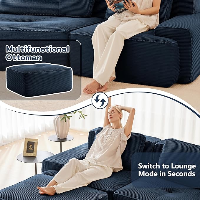 115.3” Blue Boneless Couches for Living Room, Modular Sectional Sofa with L-Shape Chaise, 3 Seater Comfy Upholstered Deep Seat Corduroy Fabric Cloud Couch No Assembly, Anti-Slip Design