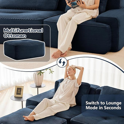 115.3” Blue Boneless Couches for Living Room, Modular Sectional Sofa with U-Shape Chaise, 3 Seater Comfy Upholstered Deep Seat Corduroy Fabric Cloud Couch No Assembly, Anti-Slip Design