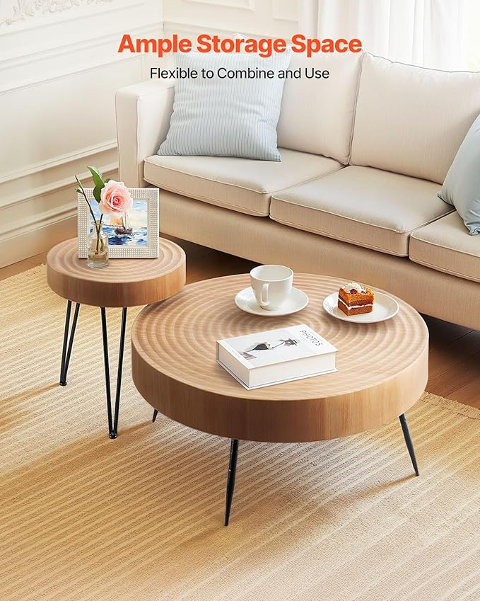VEVOR 2 Pieces Round Coffee Tables Sets, 31.3 in Industrial Living Room Table with 1 End Side Table, Easy Assembly Coffee and End Tables Sets with Metal Legs, for Office, Living Room and Apartment