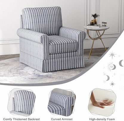 INZOY Swivel Accent Chair Linen Mid Century Modern Chair, Comfy Swivel Barrel Reading Chair, Upholstered Square Chair for Living Room Bedroom Small Spaces, Fully Assembled, Blue Stripe