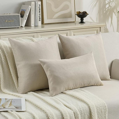 FUTEI Beige Chenille Throw Pillow Covers 16x16 Inch Set of 2,Soft Wide Chevron Textured Cushion Case,Farmhouse Home Decor for Couch Bed Living Room