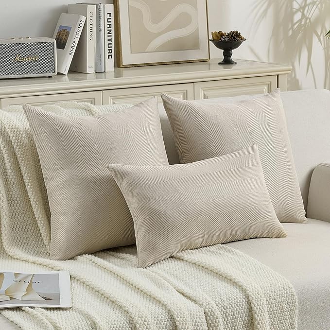 FUTEI Beige Chenille Throw Pillow Covers 20x20 Inch Set of 2,Soft Wide Chevron Textured Cushion Case,Farmhouse Home Decor for Couch Bed Living Room