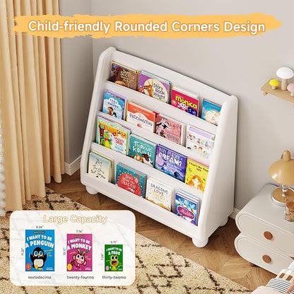 ONBRILL 4-Tier Kids Bookshelf, Montessori Shelf for Kids Rooms, Toddler Book Rack Organizer and Storage, Wooden Baby Bookshelf for Classrooms Nursery Playrooms