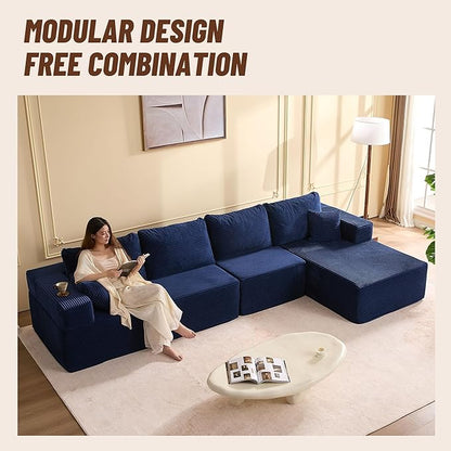 138" Boneless Couch with Deep Seat, Modular Sectional Sofa, Cloud Sectional Couch for Living Room, No Assembly Required, Corduroy, 4 Seater L-Shape Right, Blue