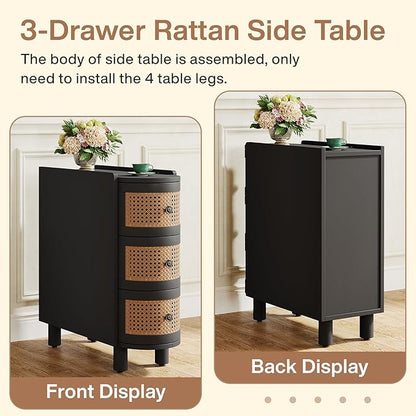 Tribesigns 3-Drawer Rattan End Table, Sofa Side Table with Vintage Embossed Handles, Slim Nightstand for Living Room, Bedroom, Finished Back, No Assembly (Black & Oak, 2PCS)