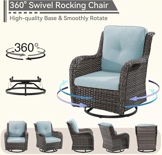3 Pieces Outdoor Furniture Set - Patio Wicker Swivel Rocker Chair Set of 2 and 1 Side Table, Light Blue, Mixed Brown Rattan, Suitable for Porch, Yard