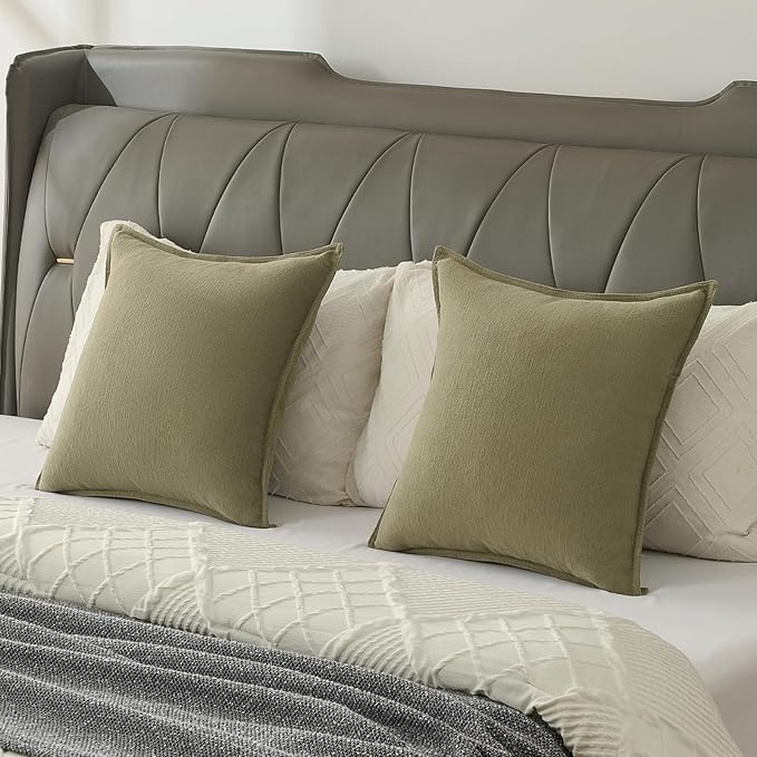 FUTEI Olive Green Chenille Throw Pillow Covers 22x22 Inch Set of 2,Edges Double-Stitched Cushion Cases,Modern Home Decor for Couch Living Room