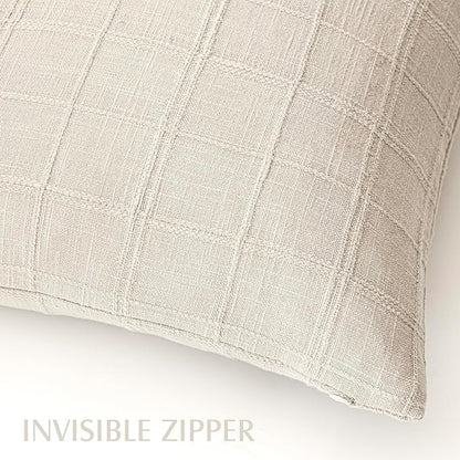 Foindtower Set of 2 Decorative Linen Check Throw Pillow Covers Neutral Farmhouse Lumbar Cushion Covers Modern Boho Home Decor for Sofa Chair Couch Bedroom Living Room,12×20 Inch,Natural Beige
