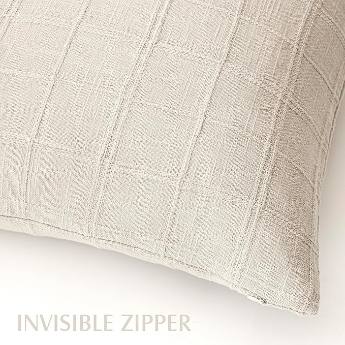 Foindtower Set of 2 Decorative Linen Check Throw Pillow Covers Neutral Farmhouse Vintage Cushion Covers Modern Boho Home Decor for Sofa Chair Couch Bedroom Living Room,22×22 Inch,Natural Beige