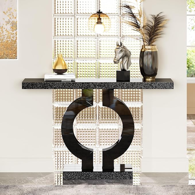 Tribesigns Modern Mirrored Console Table, Glass Sofa Table with Mirror Finish, 43-Inch Entryway Table with O-Shaped Base, Rectangular Accent Foyer Table for Living Room Hallway Entrance (Black)