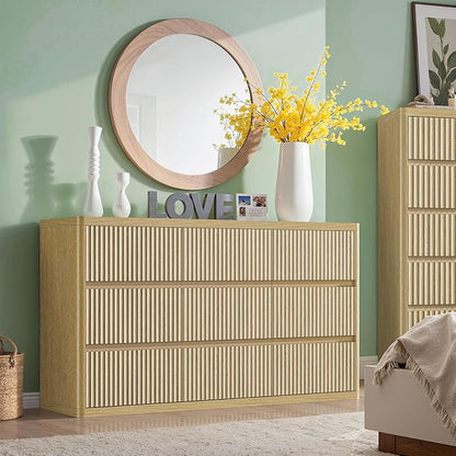 Fluted 9 Drawers Dresser, 57" Wide Dresser for Bedroom, Modern Chest of Drawers with Curved Profile, Handleless, Wood Large Dressers TV Stand with Organizer Storage, Living Room, Natural
