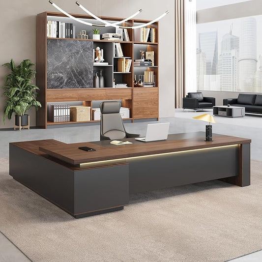 L-Shaped Executive Desk with LED Lights, Lockable Storage & 3-in-1 Charging Station, Reversible Cabinet, Modern Wood Office Desk for CEO, Manager & Home Office(Red Walnut+Black, 87"L*71"W*30"H)