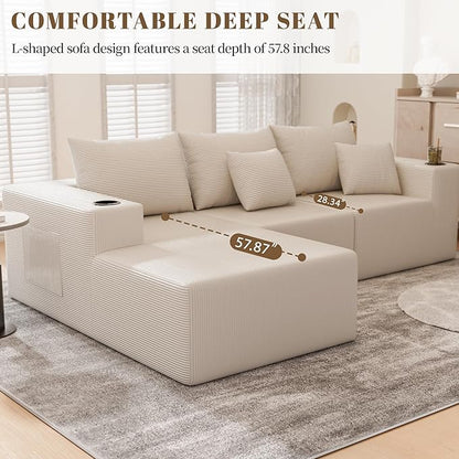 107" Cloud Sectional Couch, Modular Sectional Sofa with L-Shape Chaise, Corduroy Boneless Couch with Deep Seat, Upholstered Sofa for Living Room, No Assembly Required(Left-Facing Chaise, White)